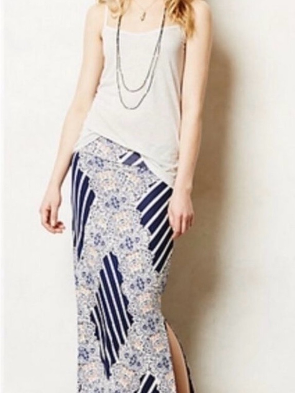 Maeve Navy and Cream Mixed-Print Maxi Skirt